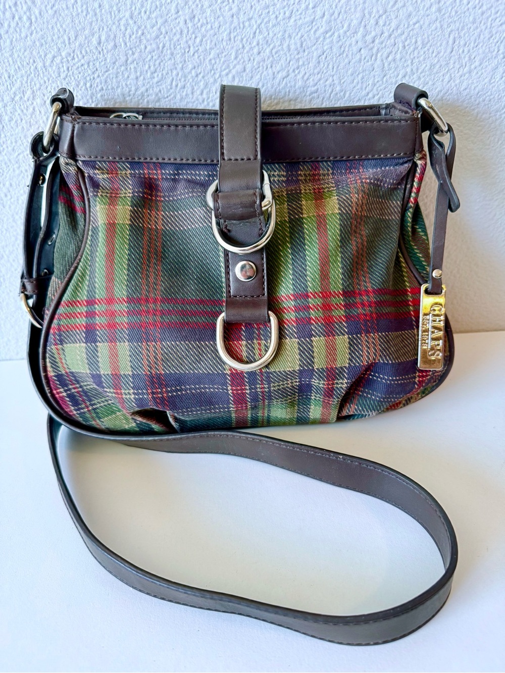 Chaps Vintage Style Plaid Crossbody Bag Brown Blue Green Red Tartan